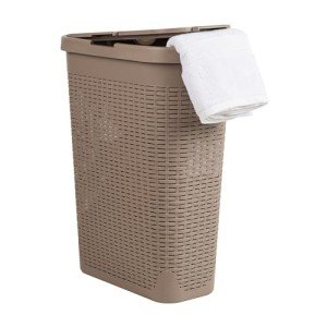 Mind Reader Basket Collection, Slim Laundry Hamper, 40 Liter (15kg/33lbs) Capacity, Cut Out Handles, Attached Hinged Lid, Ventilated, Tan