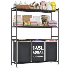 Raybee Laundry Sorter 3 Section Laundry Hamper Sorter with Adjustable Storage Shelf 145L Laundry Basket Organizer with Removable Bag 3 Compartment Laundry Hampers for Laundry Room Organization Baskets
