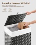 Greenstell Laundry Hamper with Lid, 60L Clothes Hamper with 2 Removable Liner Bags & 2 Mesh Laundry Bags, Handwoven Synthetic Rattan Laundry Basket for Clothes, Toys in Bathroom, Bedroom Grey