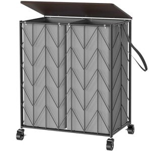 WOWLIVE Laundry Basket with Wheels, Heavy Duty Laundry Hamper with Wood Lid, Clothes Hamper with Divided Removable Liner Bag, Large Capacity Iron-Made Laundry Sorter Laundry Room Organization (Grey)