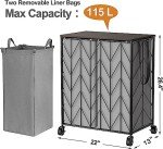 WOWLIVE Laundry Basket with Wheels, Heavy Duty Laundry Hamper with Wood Lid, Clothes Hamper with Divided Removable Liner Bag, Large Capacity Iron-Made Laundry Sorter Laundry Room Organization (Grey)