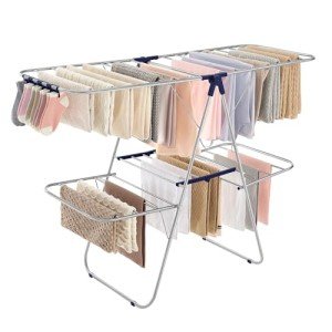 SONGMICS Clothes Drying Rack, Foldable 2-Level Laundry Drying Rack, Free-Standing Large Drying Rack, with Height-Adjustable Wings, 33 Drying Rails, Sock Clips, Silver and Blue ULLR53BU
