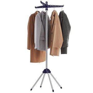 SONGMICS Clothes Drying Rack, 59.6 Inches High Folding Laundry Drying Rack with 3 Rotatable Arms for Hangers, 4 Legs, Stainless Steel, for 27 Pieces of Clothes, Blue and Silver ULLR510Q01
