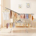 Bigzzia Clothes Drying Rack, Folding 2-Level Laundry Drying Rack, Space-Saving Free-Standing Large Drying Rack, Height-Adjustable Wings with Hooks, Stainless Steel Drying Rack for Indoor Outdoor, Grey