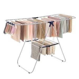 SONGMICS Clothes Drying Rack, with Bonus Sock Clips, Stainless Steel Gullwing Space-Saving Laundry Rack, Foldable for Easy Storage, Silver