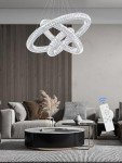 IDEQUY 32"+24"+16" 3 Rings Big Crystal Chandeliers Dimmable Living Room Foyer Hallway LED High Ceiling 120'' Long Hanging Pendant Light Crystal Chandeliers Staircase 3000-6000K LED