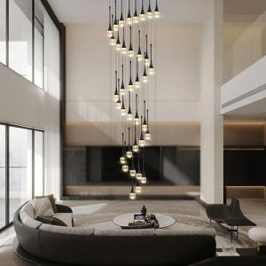 12foots Loog Crystal Staircase Pendant light 36-Light Black Raindrop Crystal Chandeliers Foyer Entrance High Ceiling Hanging Chandelier 3000-6000k Dimmable Fixtures Living room LED Chandeliers