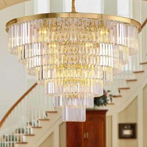 MEELIGHTING Gold Plated Crystal Chandelier Lighting Modern Contemporary Empress Chandeliers Pendant Ceiling Lamp Light Fixture 7-Tier for Duplex House Dining Room Living Room Hotel (24 Lights) W39.4