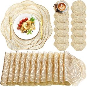 Sieral Round Pressed Vinyl Placemats Rose Gold Placemat Set Metallic Place Mat Coaster Including and Coasters Slip Resistant Table Mats for Dining Kitchen Decor (24 Pcs), 15 x 15 inches/ 38 x 38 cm
