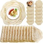 Sieral Round Pressed Vinyl Placemats Rose Gold Placemat Set Metallic Place Mat Coaster Including and Coasters Slip Resistant Table Mats for Dining Kitchen Decor (24 Pcs), 15 x 15 inches/ 38 x 38 cm