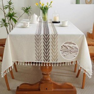 JIALE Table Cloth Rectangle Table, Heavy Duty Cotton Linen Waterproof Tablecloths Farmhouse Tablecloth, Soft and Wrinkle Free Table Cover with Tassels, 55''x 86'', 6-8 Seats