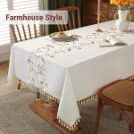 Laolitou Cotton Linen Table Cloth for Dining Table Farmhouse Kitchen Rectangle Tablecloth Coffee Table Cover, Beige, Coffee Flower, 55x70 Inch