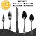 Runfly Gorgeous Retro Royal Black Stainless Steel 20 Pieces Flatware Set, Black Silverware Set, Anti-rust Stainless Steel dark Cutlery Set Utensils Including Fork Spoon and Knife