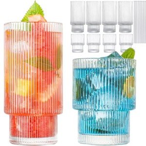 Claplante Drinking Glasses, Origami Style 8 pcs Glass Cups with straw, 4 Highball Glasses & 4 Rocks Glasses, Elegant Ripple Vintage Glassware, Iced Coffee Glasses, Ideal for Cocktail, Whiskey, Juice