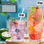 Claplante Drinking Glasses, Origami Style 8 pcs Glass Cups with straw, 4 Highball Glasses & 4 Rocks Glasses, Elegant Ripple Vintage Glassware, Iced Coffee Glasses, Ideal for Cocktail, Whiskey, Juice