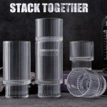 Claplante Drinking Glasses, Origami Style 8 pcs Glass Cups with straw, 4 Highball Glasses & 4 Rocks Glasses, Elegant Ripple Vintage Glassware, Iced Coffee Glasses, Ideal for Cocktail, Whiskey, Juice