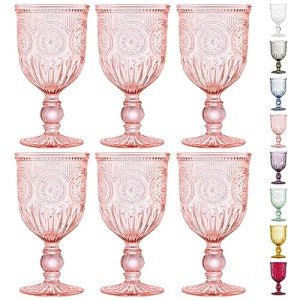 Yungala Wine Glasses - set of 6 , pink , dishwasher safe, colored glassware, vintage style for drinking , champagne flutes, colorful water goblets