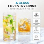 Zulay Plastic Tumblers Drinking Glasses Set of 8 Clear - 4 Each: 12oz and 16oz Acrylic Cups For Kitchen - Unbreakable, Dishwasher Safe Plastic Glasses Set