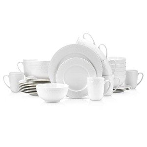 Stone lain Bone China Basket Weave Embossed Round 32 Piece Dinnerware Set, White