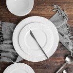 Stone lain Bone China Basket Weave Embossed Round 32 Piece Dinnerware Set, White