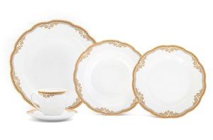 Royalty Porcelain 20 pc Dinnerware Set with Gold Floral Ornament, Bone China, gold, white