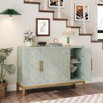 HLR 48" Accent Cabinet with 4 Doors and Shelves, Modern Storage Cabinet with Gold Trim, Buffet Cabinet for Living Room, Kitchen, Dining Room, Hallway, Green and Gold