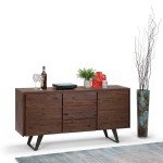 SIMPLIHOME Lowry SOLID ACACIA WOOD 60 inch Inrial Sideboard Buffet and Wine Rack in Distressed Charcoal Brown features 2 Doors, 3 Drawers and 2 Cabinets with Large storage spaces