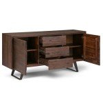 SIMPLIHOME Lowry SOLID ACACIA WOOD 60 inch Inrial Sideboard Buffet and Wine Rack in Distressed Charcoal Brown features 2 Doors, 3 Drawers and 2 Cabinets with Large storage spaces