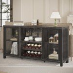 Launica Liquor Bar Cabinet, Industrial Wine Bar Cabinet, Rustic Sideboard Buffet Cabinet for Liquor and Glasses, Coffee Bar Cabinet with Storage Rack for Home Kitchen Dining Room, Dark Grey Oak, 55 In