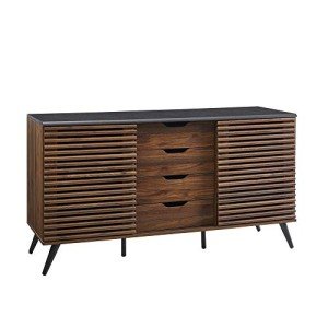 Walker Edison Modern 4 Drawer Sliding Door Wood Cabinet Buffet Entryway Serving Storage Cabinet Doors Dining Room Console, 59 Inch, Black and Dark Walnut