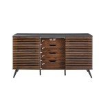 Walker Edison Modern 4 Drawer Sliding Door Wood Cabinet Buffet Entryway Serving Storage Cabinet Doors Dining Room Console, 59 Inch, Black and Dark Walnut