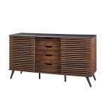 Walker Edison Modern 4 Drawer Sliding Door Wood Cabinet Buffet Entryway Serving Storage Cabinet Doors Dining Room Console, 59 Inch, Black and Dark Walnut