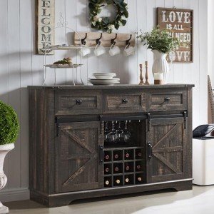 OKD Farmhouse Coffee Bar Cabinet, 54" Kitchen Buffet Sideboard w/Sliding Barn Door, Wine and Glass Rack, Drawers, Storage Shelves, Home Wine Bar Cabinet for Dining Room, Living Room (Dark Rustic Oak)