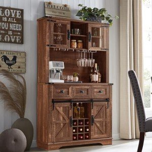 OKD Farmhouse Bar Cabinet with Sliding Barn Door, Kitchen Hutch Storage Cabinet w/Wine and Glass Rack, Drawers, Adjustable Shelves, Sideboard Buffet Pantry for Dining Room (Reclaimed Barnwood)