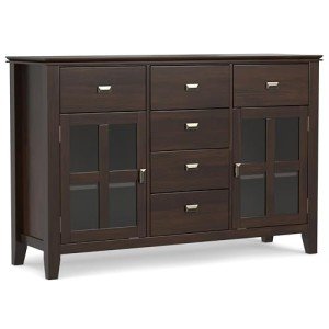 SIMPLIHOME Artisan Solid Pine Wood 54 inch Contemporary Sideboard Buffet Credenza in Dark Chestnut Brown features 2 Doors, 6 Drawers and 2 Cabinets with Large storage spaces