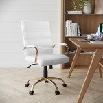 Flash Furniture Whitney Mid-Back Desk Chair - White LeatherSoft Executive Swivel Office Chair with Gold Frame - Swivel Arm Chair