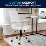 Flash Furniture Whitney Mid-Back Desk Chair - White LeatherSoft Executive Swivel Office Chair with Gold Frame - Swivel Arm Chair