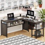 FATORRI L Shaped Computer Desk, Industrial Home Office Desk with Shelves, Rustic Wood and Metal Corner Desk (Walnut Brown, 59 Inch)