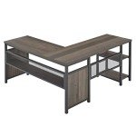 FATORRI L Shaped Computer Desk, Industrial Home Office Desk with Shelves, Rustic Wood and Metal Corner Desk (Walnut Brown, 59 Inch)