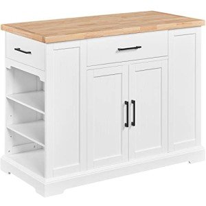 Yaheetech Rolling Kitchen Island Cart with 3 Drawers, Kitchen Storage Cabinet on Wheels with Open Shelves and Inner Adjustable Shelves for Dinning Room/Living Room, Thicker Rubberwood Top, White