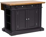 homestyles Americana Kitchen Island with Wood Top and Drop Leaf Breakfast Bar, Storage with Drawers and Adjustable Shelves, 50 Inch Width, Black and Oak