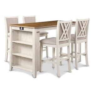 New Classic Furniture Amy Farmhouse Kitchen Counter Island Dining Table for 4 with Storage Shelf & USB Chargers, Two Tone Vintage White/Brown
