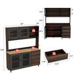 ECACAD Freestanding Kitchen Pantry Storage Cabinet with Glass Doors, Shelves & Drawers, Modern Sideboard Buffet Cabinet, Wood Kitchen Cupboard with Hutch and Hooks, Dark Brown