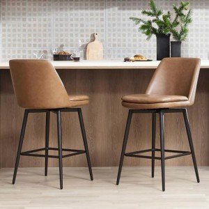 CHITA Counter Height Swivel Barstools, Upholstered Faux Leather Bar Stools Set of 2, Metal Base, 27.2" Seat Height, Saddle Brown