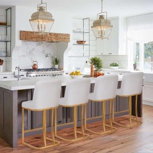Sophia & William White & Gold Counter Height Bar Stools Set of 4, 24 Inch Bar Stools with Back for Kitchen Counter Island,Modern PU Leather Gold Polished Upholstered Bar Chairs,Supports 300lbs