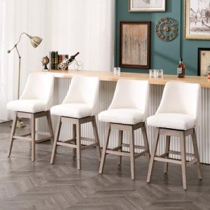 DM Furniture 27.5 inch Counter Height Bar Stools Set of 4 Linen Fabric 360°Swivel Barstools with Back and Wood Legs Upholstered Stool Chairs for Home/Kitchen Island/Breakfast Bar/Restaurant, Cream