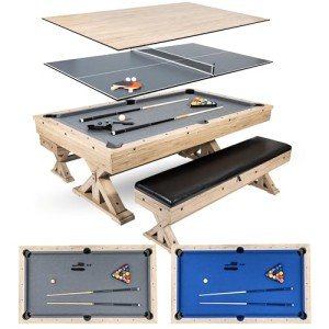 Freetime Fun Rockford 7-FT 3 in 1 Multi Game Featuring Pool Dining Table and Table Tennis Tables, Storage Benches and Upgraded Accessories Kit Included