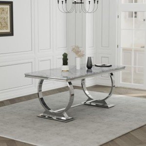 ACEDÉCOR Modern Dining Room Table with Silver Stainless Steel Metal U-Base in Grey Silver