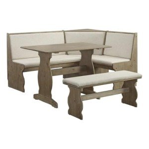 Riverbay Furniture Patio Conversation Indoor 3 Piece Kitchen Breakfast Corner Table Booth Bench Natural Fabric Upholstered Dining Nook Set in Brown