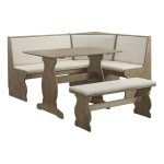 Riverbay Furniture Patio Conversation Indoor 3 Piece Kitchen Breakfast Corner Table Booth Bench Natural Fabric Upholstered Dining Nook Set in Brown